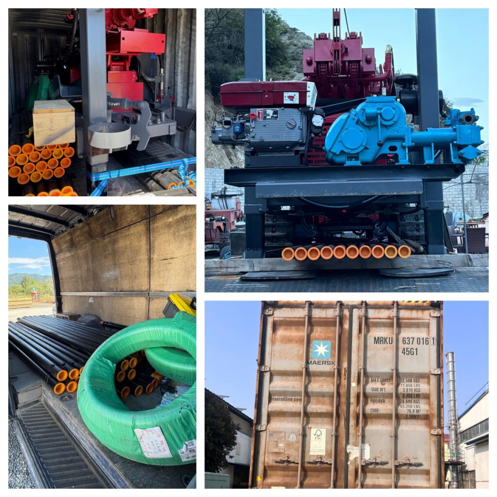 On‑site photo, unpacked 200m water well drill rig and BW250 mud pump for Central Europe client